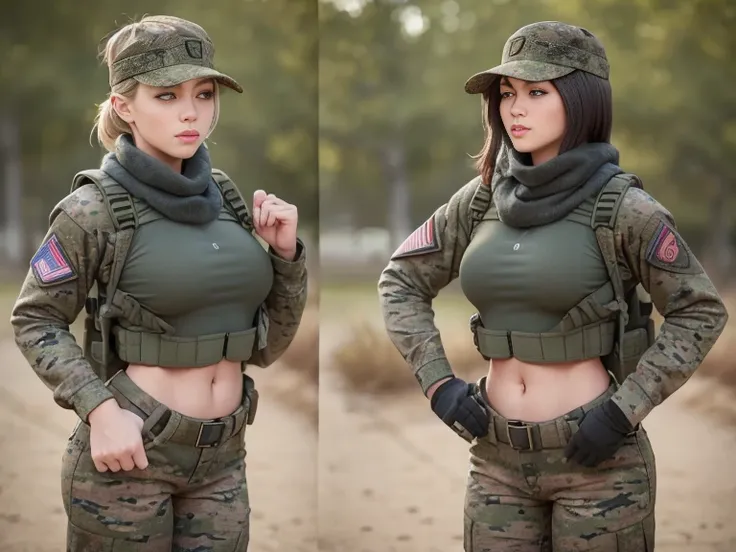 sexy, lustfull, millitary, us soldier, plate carrier, gun, M4A1 rifle, baseball hat,  camo uniform, lots of pockets, long hair sticking out the back of baseball hat,  stronge arms, in combat,, tinted combat sunglasses, bandana, combat gloves, ponytail, two...