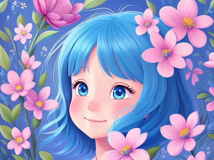 very cute illustration for a childrens picture book，The magical flowers brought joy and beautiful dreams to everyone.，blue hair, Digital Painting， by Pixar style