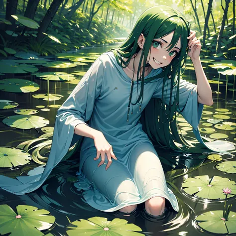 girl coming out of the swamp. she drips mucus. Jagged teeth. Grinning. Lots of water lilies.