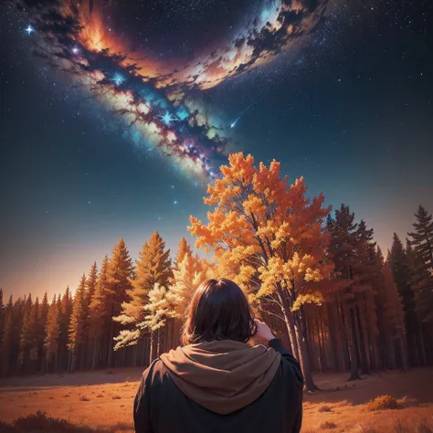 Envision an album cover that merges the autumn landscape with celestial elements. Picture a night sky filled with stars and constellations, blending seamlessly with the warm colors of the fall foliage. This celestial symphony conveys a sense of cosmic beau...