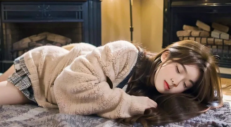 The beautiful，brunette color hair，Lolita skirt，girl，Lying on the dog，Sleeping face，In front of the fireplace，Winter nights，，liveroom，Scattered books