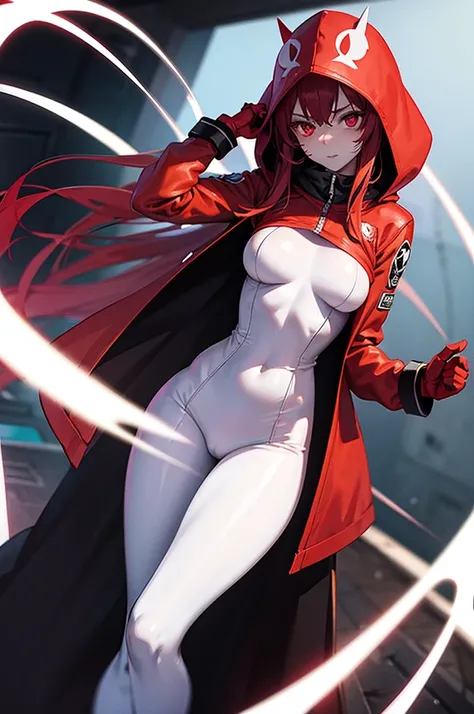 Zombie Poker card girl, Full white skin, White bodysuit, red heart on her breast, long red gloves, long red boots, Long red hair, Black hollow eyes, Red hood over head, Skull mask over face.