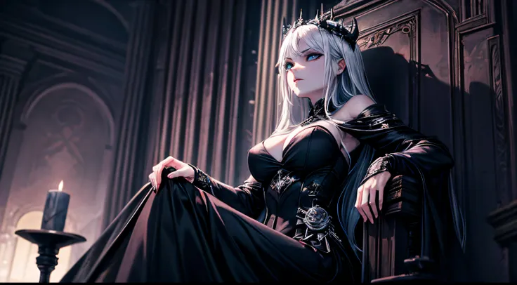 Dark queen, perfect face, perfect body structure , perfect eyes, sitting on her throne, darkness , cold stare , cold face , blood , throne , long black dress, badass , wallpaper