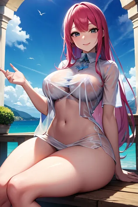 masutepiece, Best Quality, Highly detailed, helm aquamarine, Shirt, Wet clothes, See-through, Large breasts, thighs thighs thighs thighs, under the water, Sitting, on  back, Looking at Viewer, Air bubble, Smile,