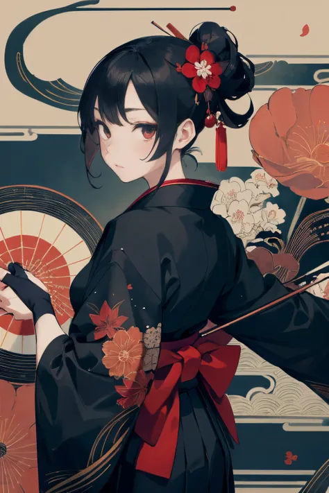 black kimono, hakama skirt, partially fingerless gloves, muneate 1 girl in, solo, archery,bow,Arrow, {{{Ukiyo-e_style}}},{{flat_style}},{simple_colors},{{{masterpiece}}},{katsushika_hokusai},long_hair,hair_flower,{{black_hair}},red_eyes,{chinoiserie},{{{be...