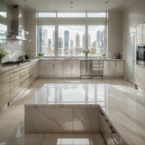 A spacious and elegant kitchen with marble herringbone tiles on the floor and backsplash. The kitchen features a large island with a quartz countertop, stainless steel appliances, and pendant lights. The windows offer a stunning view of the city skyline.