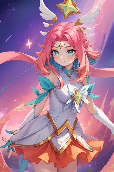 (tmasterpiece:1.4), (best quality at best:1.2), star guardian nicole, 1个giant breast girl, colorful hair, a skirt, guardian of t...