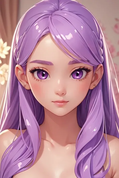 (masterpiece, bestquality:1.4)bestquality, high-detail, (detailed face), It is detailed and beautiful.., aesthetic, thorough, delicate, intricate:1.0),1 girl, kawaii, Very long., light purple hair., soft ((glossy eyes)), sparks, floral, natural, Nude