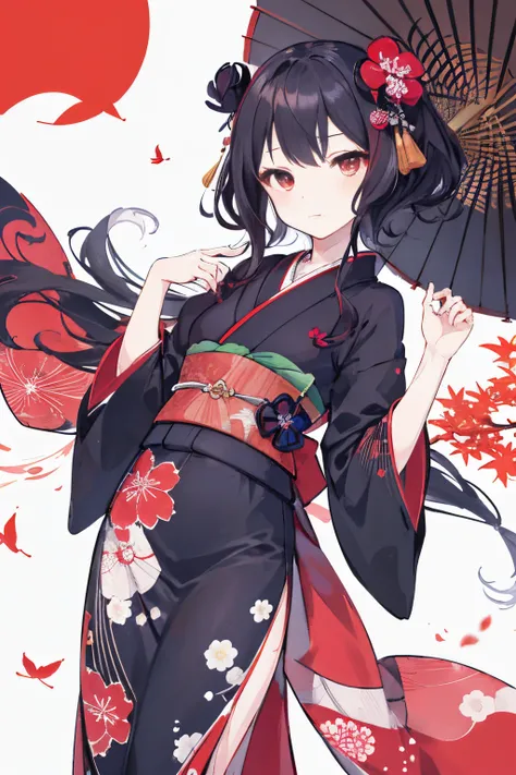 {{{Ukiyo-e_style}}},{{flat_style}},{simple_colors},{{{masterpiece}}},{katsushika_hokusai},long_hair,hair_flower,{{black_hair}},red_eyes,red_sky,{chinoiserie},{{{best_quality}}},kimono,{{ultra-detailed}},{illustration},Maple_leaves_flying,{{1girl}},{{{solo}...