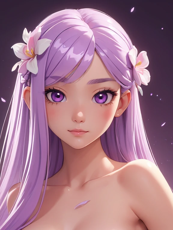 (masterpiece, bestquality:1.4)bestquality, high-detail, (detailed face), It is detailed and beautiful..., aesthetic, thorough, delicate, intricate:1.0),1 girl, kawaii, Very long.., light purple hair., soft ((glossy eyes)), sparks, floral, natural, Nude