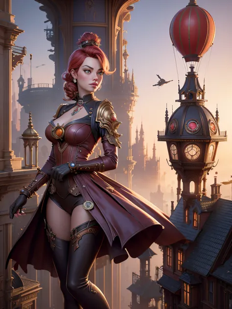 a woman Margot Robbie in a red dress standing on a balcony with a balloon, art germ Julie bell beeple, fantasy Victorian art, steampunk fantasy style, mohrbacher, fantasy style art, detailed steampunk illustration, Victorian steampunk city vista, in a stea...