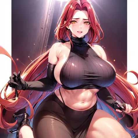 1girl, backless outfit, milf, mature 35 year old women, breasts, earrings, elbow gloves, gloves, high heels, jewelry, large breasts, lips, long hair, multicolored hair, navel, red hair, shadow, sideboob,  background, solo, stomach, tan, turtleneck, two-ton...