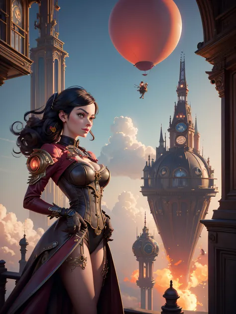 a woman Margot Robbie in a red dress standing on a balcony with a balloon, art germ Julie bell beeple, fantasy Victorian art, steampunk fantasy style, mohrbacher, fantasy style art, detailed steampunk illustration, Victorian steampunk city vista, in a stea...