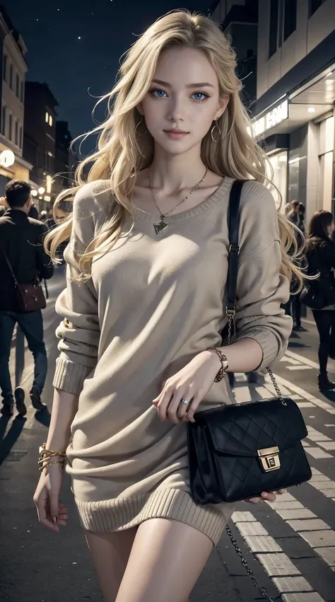 25-year-old Caucasian woman、ash blonde、blue eyess、Semi-long、setting hair、Hair is up、My hair is wavy、Slender but thin macho、accessories on the wrist、wearing a chain necklace、Beautiful breasts、a smile、Wearing a sweater dress、Holding a handbag in his hand、I a...