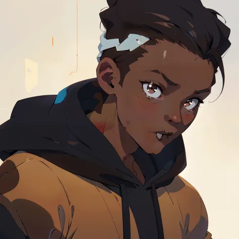 there  an African man in a hoodie looking up at the camera, very very low quality picture, selfie, profile picture, looking defiantly at the camera, black hair, brown eyes, showing forehead, hood and shadows covering face, 80s anime style