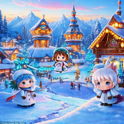 finest image, The painting style resembles anime characters from fairy tales, snowy mountains, frozen lakes, sparkling amusement park-like decorations, (chibi deformed characters, children, animals:1.4), people having fun, fantasy