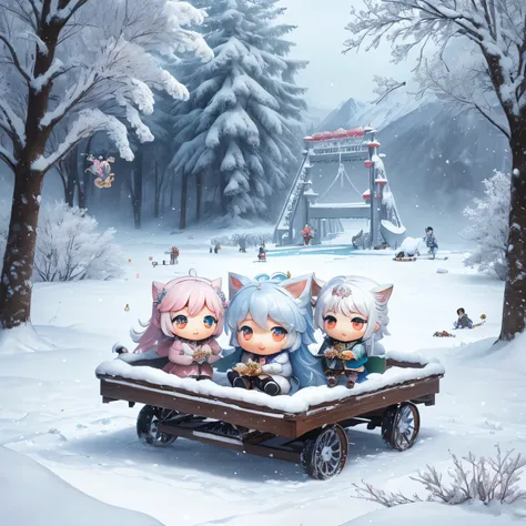 finest image, The painting style resembles anime characters from fairy tales, snowy mountains, frozen lakes, sparkling amusement park-like decorations, (chibi deformed characters, children, animals:1.4), people having fun, fantasy