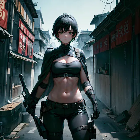 1girl, short black hair with bangs and green highlights, green eyes, athletic, abs, cooling multi-band, wearing black leotard, wearing technical cargo pants, wearing black leather gloves, wearing black cape, firearm, night time, dark, Kowloon Walled City, ...