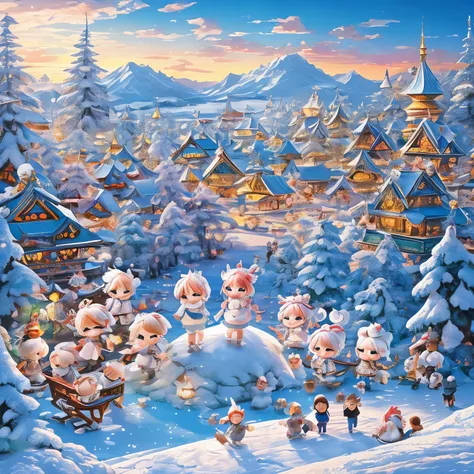 finest image, The painting style resembles anime characters from fairy tales, snowy mountains, frozen lakes, sparkling amusement park-like decorations, (chibi deformed characters, children, animals:1.4), people having fun, fantasy