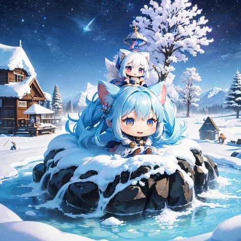 finest image, The painting style resembles anime characters from fairy tales, snowy mountains, frozen lakes, sparkling amusement park-like decorations, (chibi deformed characters, children, animals:1.4), people having fun, fantasy