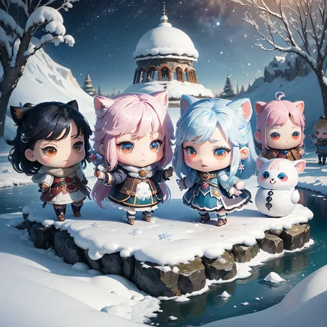 finest image, The painting style resembles anime characters from fairy tales, snowy mountains, frozen lakes, sparkling amusement park-like decorations, (chibi deformed characters, children, animals:1.4), people having fun, fantasy