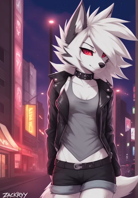 zackary911, by zackary911, anthro, lycanroc, hellhound, ((dark grey fur)), female, solo, 1woman, ((very small breasts)), ((tiny breasts)), denim shorts, ((tank top)), ((leather jacket)), husky tail, ((shaggy hair)), ((white hair)), on e621, choker, leather...