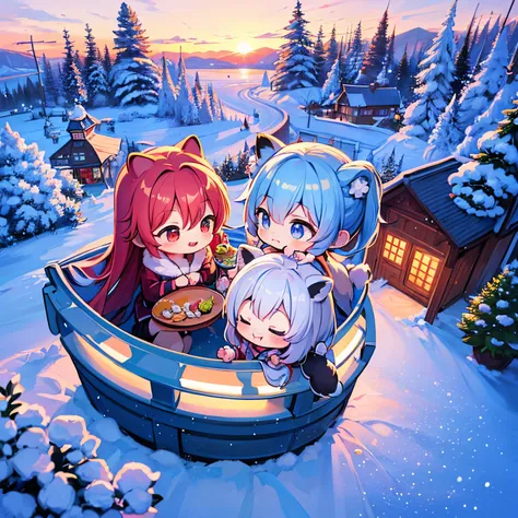 finest image, The painting style resembles anime characters from fairy tales, snowy mountains, frozen lakes, sparkling amusement park-like decorations, (chibi deformed characters, children, animals:1.4), people having fun