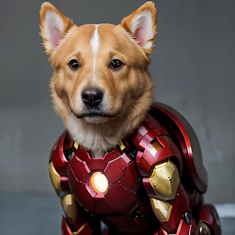 Perro golden retroceder con traje de iron man hiper realista