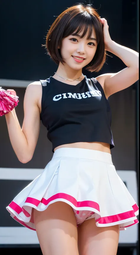 Best Quality, master piece, ultra high resolution, (Photorealsitic:1.4), Raw photo, Extremely-Details, Perfect-Anatomy, 1girl, the most popular Japanese idol, (((wearing colorful-cheerleader-costumes-sleeveless-shirt-with-cute-design, detailed colorful-che...