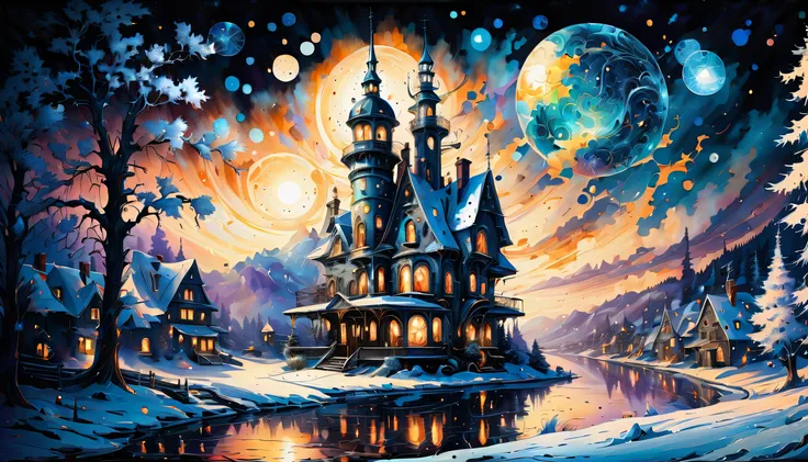 An elegant display of majestic cityscapes in a fantastical snowy world, Watercolor painting. Oil Painting, matte painting, beauty pastel house, The darkest sparkle snow of great beauty, white winter, Steampunk - Looks - Attraction, Detail glass flower isol...