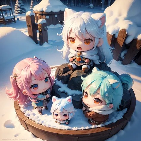 finest image, The painting style resembles anime characters from fairy tales, snowy mountains, frozen lakes, sparkling amusement park-like decorations, (chibi deformed characters, children, animals:1.4), people having fun