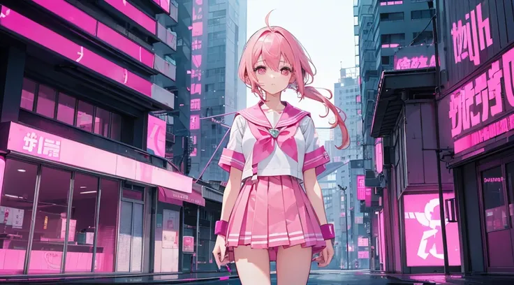 (1girl, pink eyes, pink hair, sailor suit) , (pink cyberpunk building rooftop, pink neon)