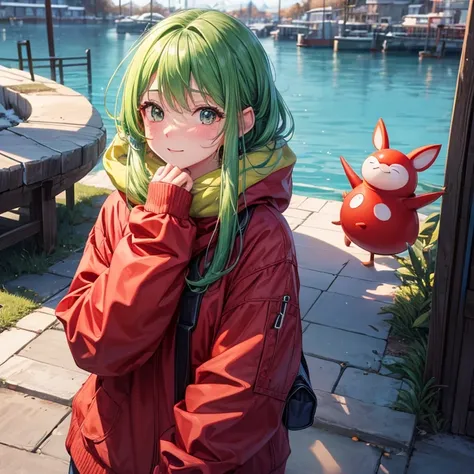 top-quality, hight resolution, 8K images,best qualtiy,hight resolution、A woman who is cute no matter who sees her、Stain cheeks red、Detailed CG background、Green hair, bobhair、Absolute area、Looking at the camera、(Illustration ratio:1.1)、walking、Cold winter m...