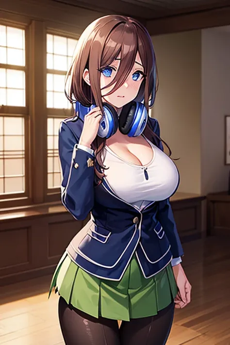 masutepiece, Best Quality,large full breasts , (Best Quality), (Best Illustration), Miku Nakano,Miku Nakano, dark brown hair, Blue eyes, headphones, uniform, Indoors, Beautiful detailed eyes,((Torn black pantyhose)),Blue cardigan,Green pleated skirt,cleava...