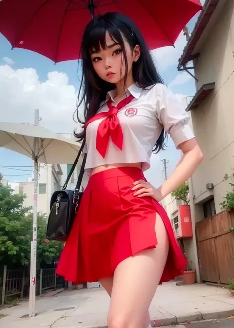 Arafed Asian woman wearing red skirt and white shirt posing for a photo, con una falda roja, muslos y falda, usar falda y calcetines altos, Ruan lindo vtuber, vestida como colegiala, Tendencias en CGVeStation, Chica anime , con falda, uniforme rojo, 8k)), ...