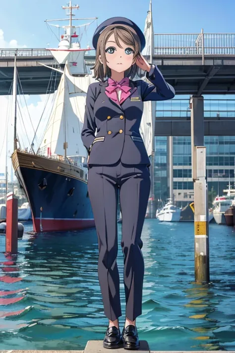 (((pixel perfect, Detail Perfect))), Solo, 1girl in, Watanabe, , bowtie, Looking at Viewer, Serious look，captain suit，slacks，Leather shoes，Captains hat，saluting，harbour，Background with(Ships at anchor)