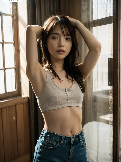 raw photo, 8k, (top-quality), Realistic, (real picture, Intricate details), (natural skin texture, detailed skin, hyper realism, sharpness), (Japanese college girl standing in an abandoned apartment building, hands behind head, armpits exposed, showing arm...