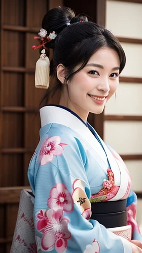 A beautiful woman wearing a kimono from Japans Edo period, with black hair styled in a traditional Japanese manner, smiles.