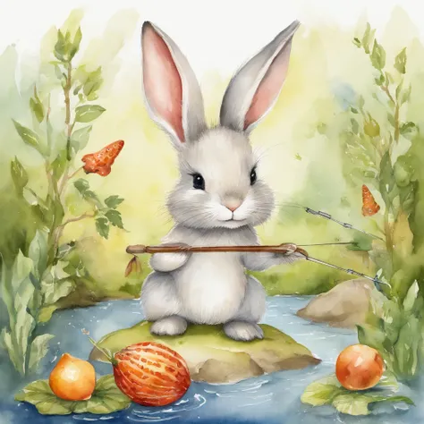 Image of a picture book、Cute Bunny、Various fishing fruits Fluffy