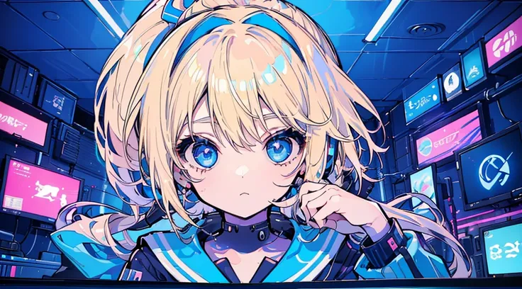 (1 girl, blonde hair, ponytail, blue eyes, sailor suit, headphone, kawaii), (blue cyberpunk, room with big monitors, blue neon)