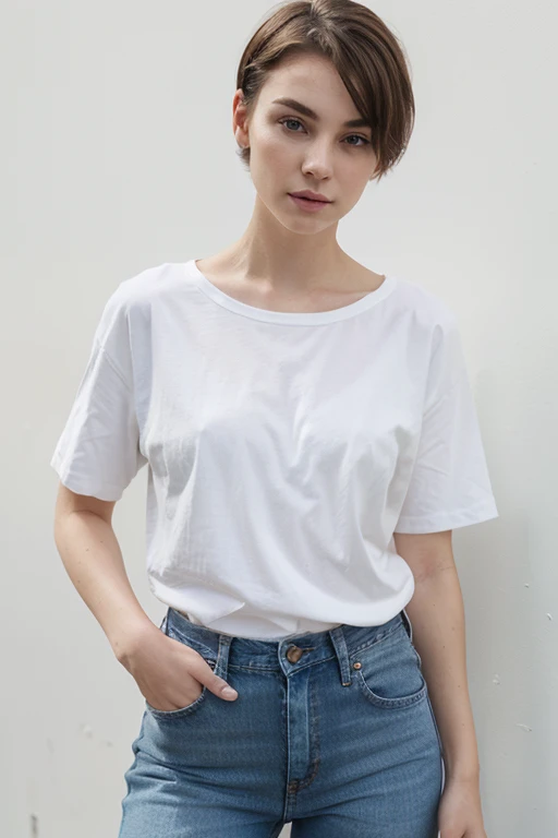 A woman with short hair, white skin, and jeans.