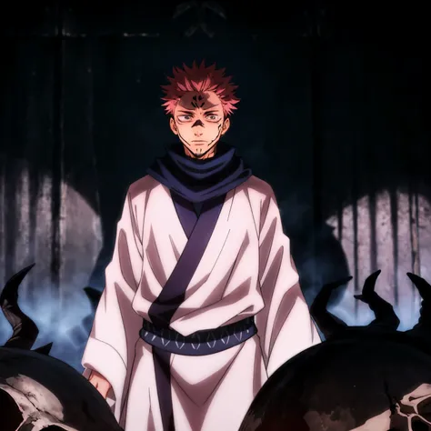 masterpiece,high quality,solo,
RyomenSukuna,1man,
blue scarf,japanese clothes,white kimono,wide sleeves,long sleeves,
obi,
tabi,zouri,
hell,shadow,shadowed face,skull,