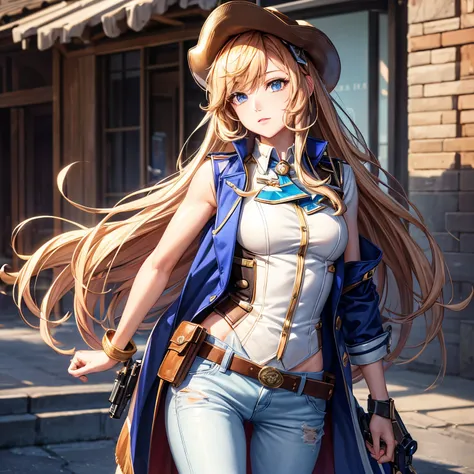 1 girl, tmasterpiece, macross delta splash art,  Best quality at best, Gilet blanc, diaphragm, short blue jeans, small, cowboy hat, hip holster, Very detailed gun, realistic gun, Colt Peacemaker Aims Ahead, Sheriffs badge, on the belt, Brown leather duster...