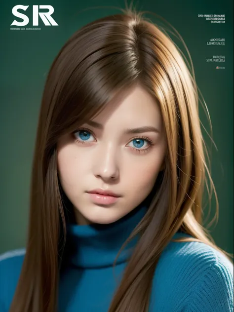 Portada de la revista,virginKillerSweater, pecho lateral, (sin mangas:1.2), escote_Recorte,{{German girl from 18 to 22 years old}}, lucir hermosa chica alemana y ojos azules u ojos verdes con color de cabello rubio platino), Young Nordic German,