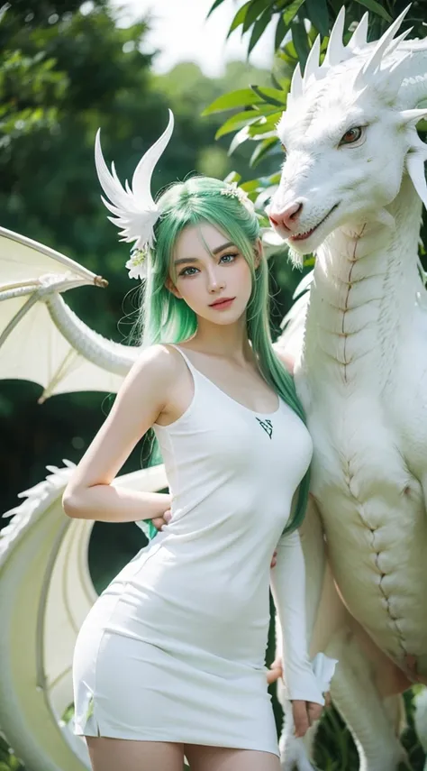 A beautiful white dragon with green eyes