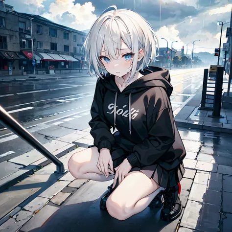 solo  girl,,black pleated skirt,hoodie,short_hair， white hair,ahoge,
，touching   eyes，street，crying，
raining，cloud，the  sky    d...