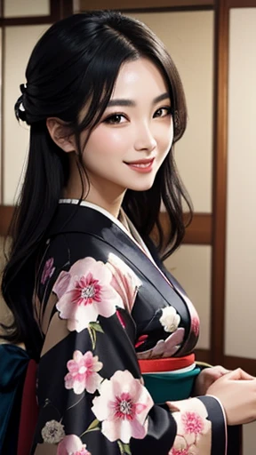 A masterpiece of the highest quality: a beautiful woman in a kimono, with black hair, a smile, and allure.