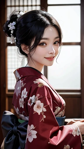 A masterpiece of the highest quality: a beautiful woman in a kimono, with black hair, a smile, and allure.