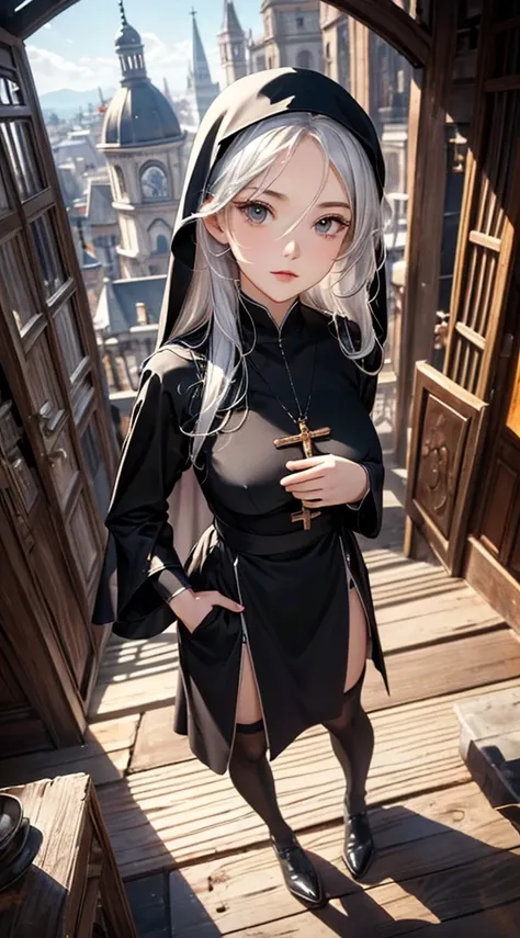 ((8k wallpaper of extremely detailed CG unit, ​masterpiece, hight resolution, top-quality)), (beautiful silver-haired nun, Hands in pockets:1.5, wearing a black veil:1.2, Wearing a black monastic uniform:1.2, Wearing tights:1.2), ((extra detailed face, Hig...