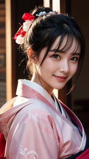 A masterpiece of the highest quality: a beautiful woman in a kimono, with black hair, a smile, and allure.